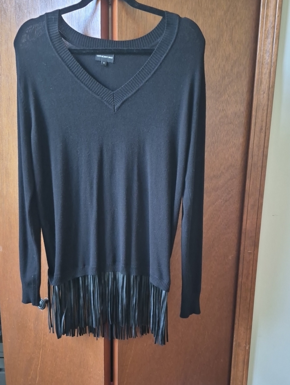 Central Park West Black V-Neck Fringe Hem Sweater